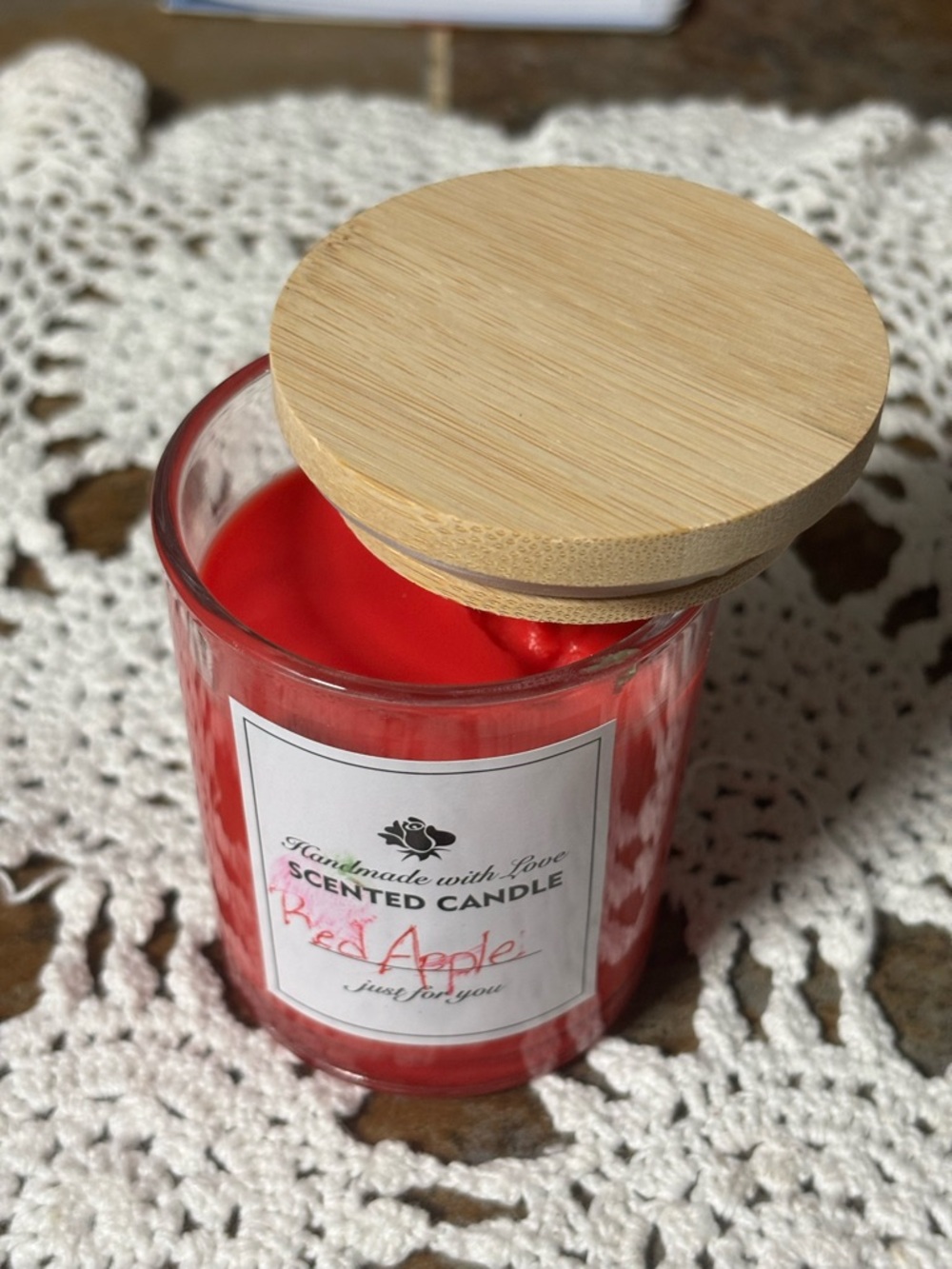 Handmade Red Apple Scented Candle in Clear Glass with Wooden Lid
